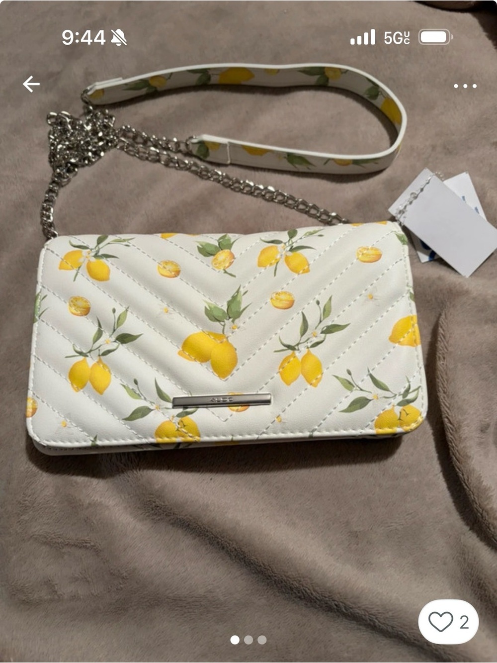 Aldo White Crossbody Bag with Yellow Lemon Print and Silver Chain
